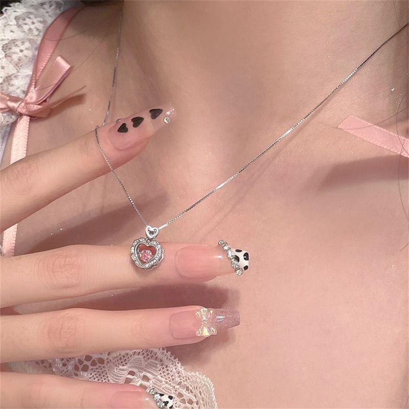 Korea Pink Crystal Pendant Heart Necklace For Women Girls Ins Niche Design Sweet Versatile 1