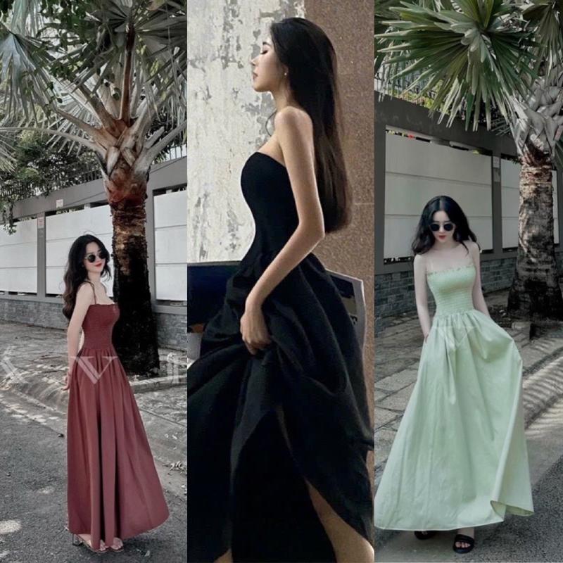 Đầm 2 Dây Maxi Dún Thun Dáng Dài Tùng Xòe có túi ( dáng dài)