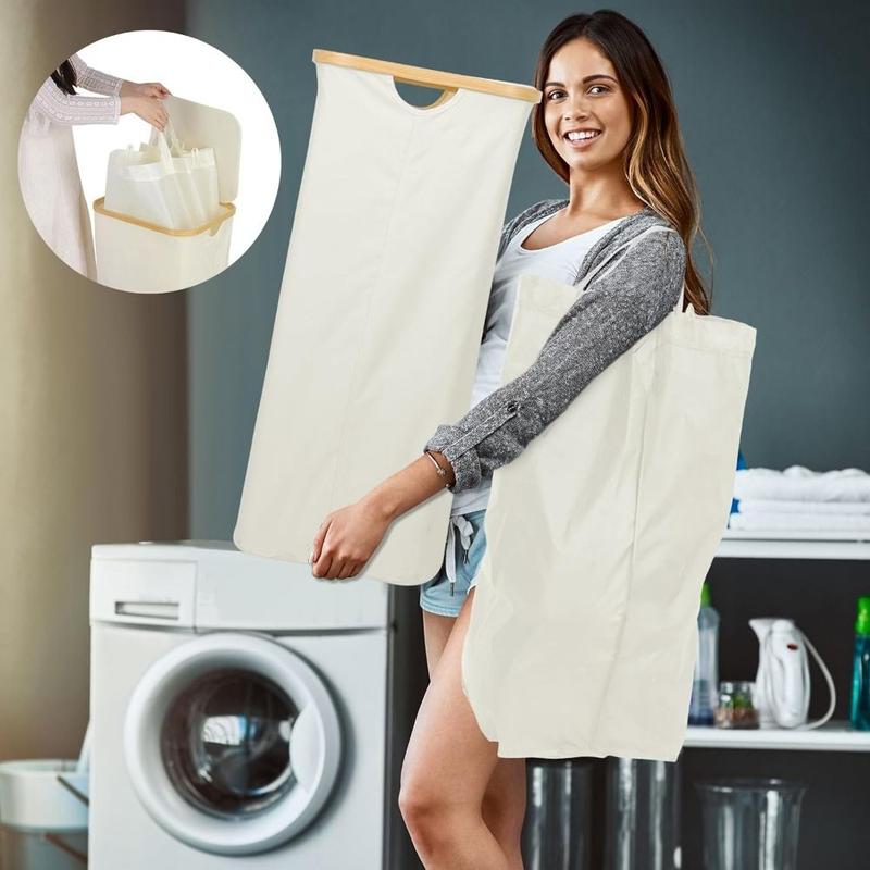 Product Introduction of Upgrade Collapsible Slim Laundry Hamper with Lid Foldable Removable Inner Bag Clothes Basket Bin Bamboo Handles Freestanding Storage Bins Towels 13