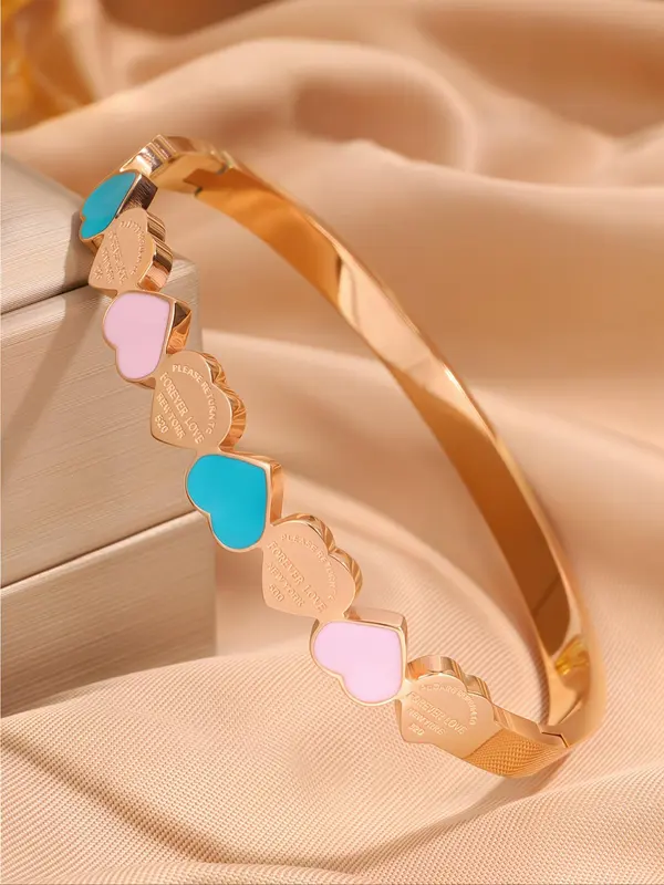 Stainless Steel Heart Decor Bangle, Fashionable Jewelry for Women & Girls, Trendy All-match & Exquisite Jewelry for Birthday Gift 8