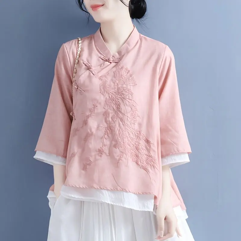 V71550# Tops For Women Vintage Cotton And Linen Three Quarters Sleeve Summer New Arrival Embroidery Womens Tops