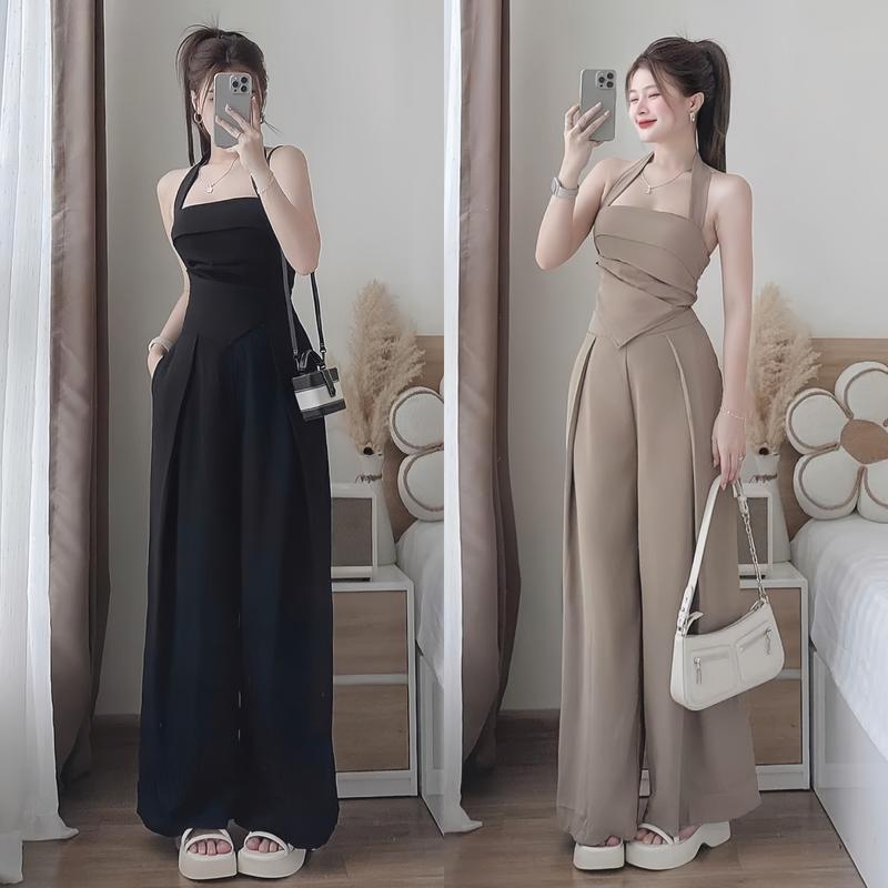 Set đồ nữ áo croptop thiết kế cổ yếm khóa kéo sau kèm quần dài ống rộng có túi sang chảnh dành cho các nàng diện đi chơi, đi tiệc Women