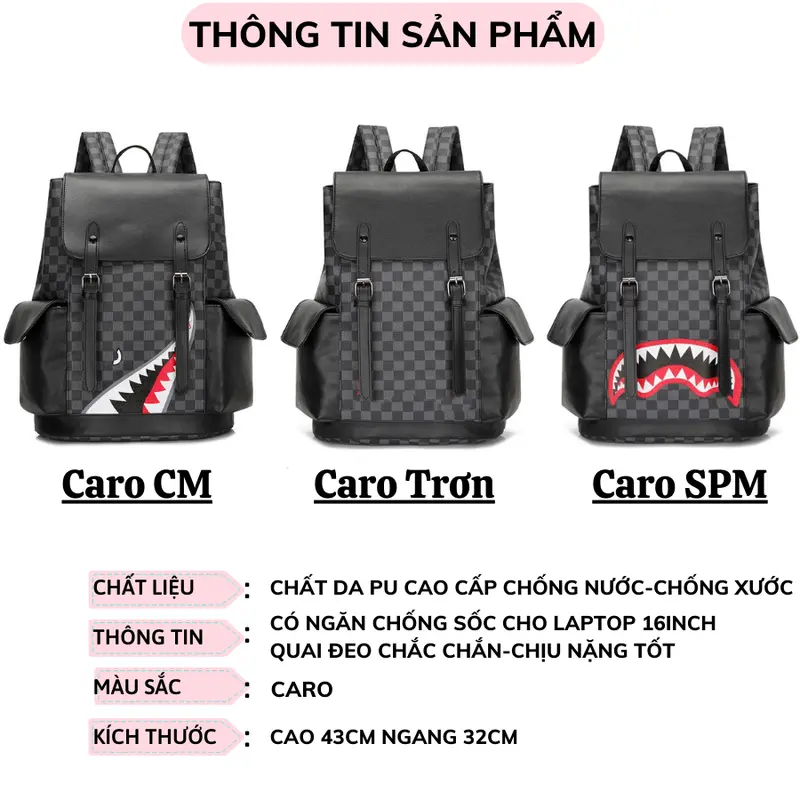 Cặp Đi Học Cá Tính Balo Da PU Nam Nữ Cao Cấp Bag Caro Chống Nước Đựng Laptop BA03 1