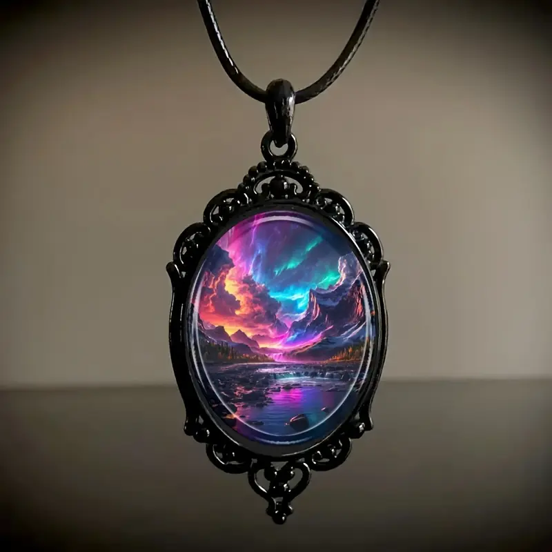 1 Fashion Elegant Color Aurora Landscape Pattern Black Frame Glass Necklace Romantic Gift Jewelry seaglass  jewelry floral  bracelet spiral  bridge  jewellery drop  necklaces amber berkeley  weaver grey's  anatomy  proposal crystal  healing bead large lv 1