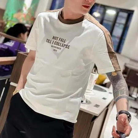 Áo thun nam cổ tròn phối in chữ vải cotton dày dặn mặc mát fom vừa hot trend áo không cổ nam Menswear Shirt 0
