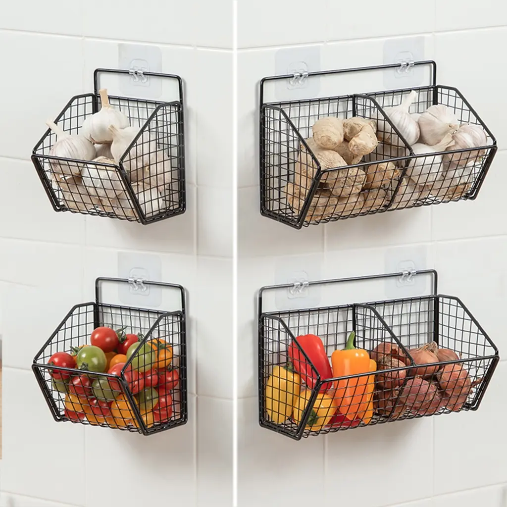 Wall mounted onion and ginger seasoning storage rack in household kitchen garlic storage shelving