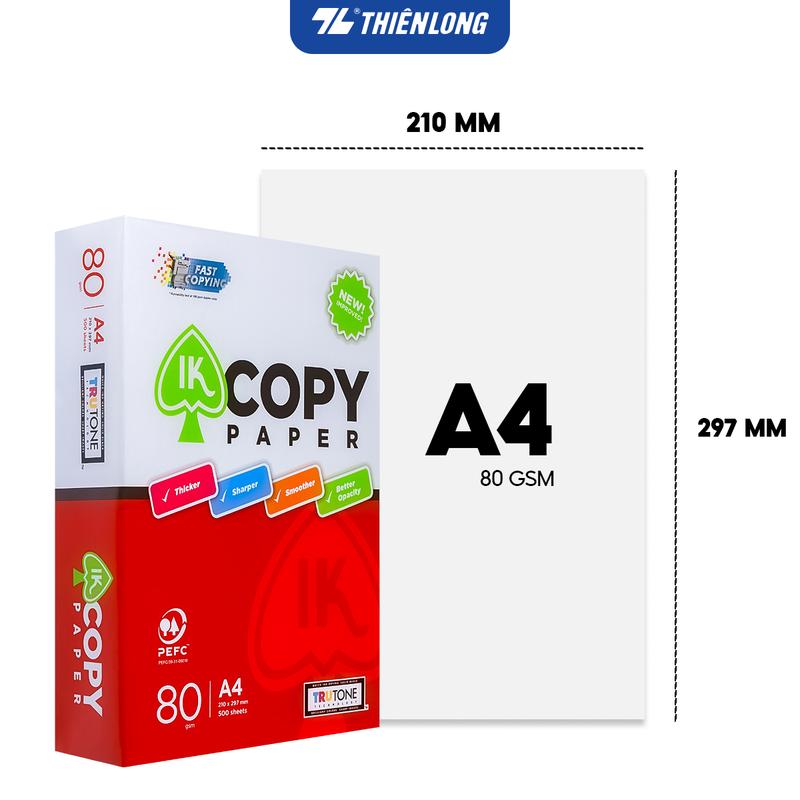 Giấy in A4 giấy photo IK Copy 80gsm độ dày cao đều màu không gợn sóng không xơ xước và không tách lớp 500 tờ Ream