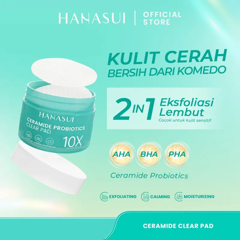 Hanasui Ceramide Probiotics Clear Pad - Kapas 2in1 Eksfoliasi Lembut Perbaiki Skin Barrier Mencerahkan  dan Angkat Sel Kulit Mati Komedo Wajah Perawatan 1
