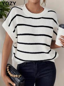 YOZY Striped Print Batwing Sleeve Knit Top, Casual Fashion Short Sleeve Round Neck Knitwear, 2024 Women's Summer & Autumn Outfits for Daily Wear