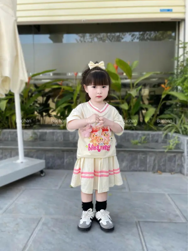 Đồ bộ bé gái áo thun kết hợp chân váy xếp ly hoạ tiết babythree, size nhí+ đại 10-30kg 7