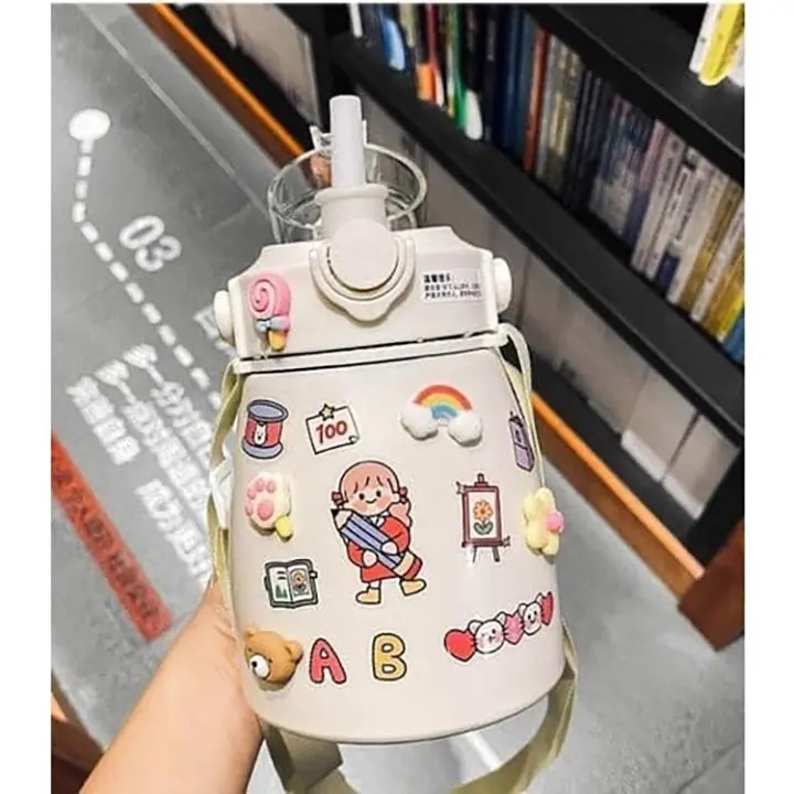 Bình giữ nhiệt Ulike 800ml, Bình giữ nhiệt Inox 304 có Sticker trang trí, tặng kèm dây đeo và ống hút 6