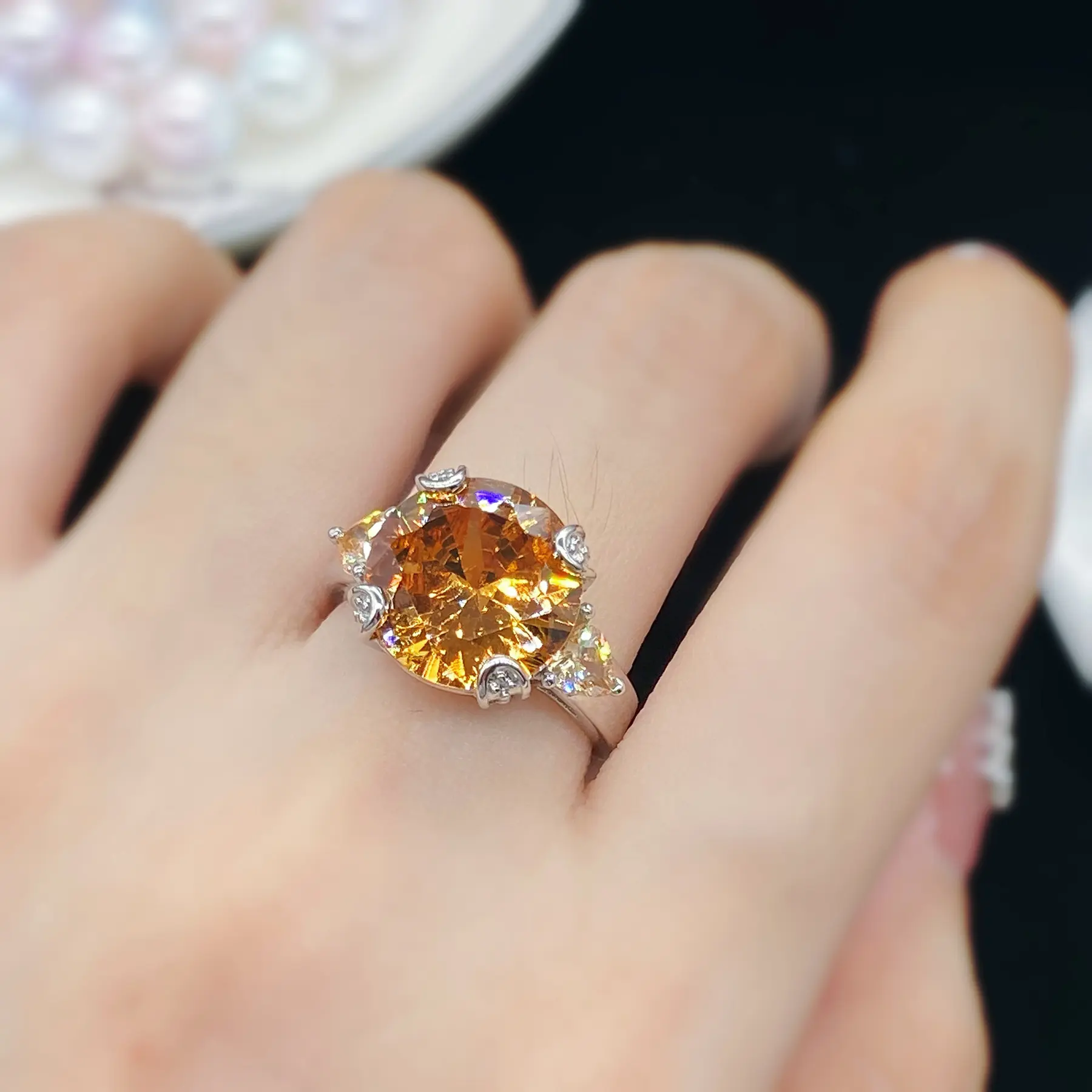 Hot Sale New Simulation Champagne Moissanite Open Ring Female Open Mouth Graceful and Fashionable Ring
