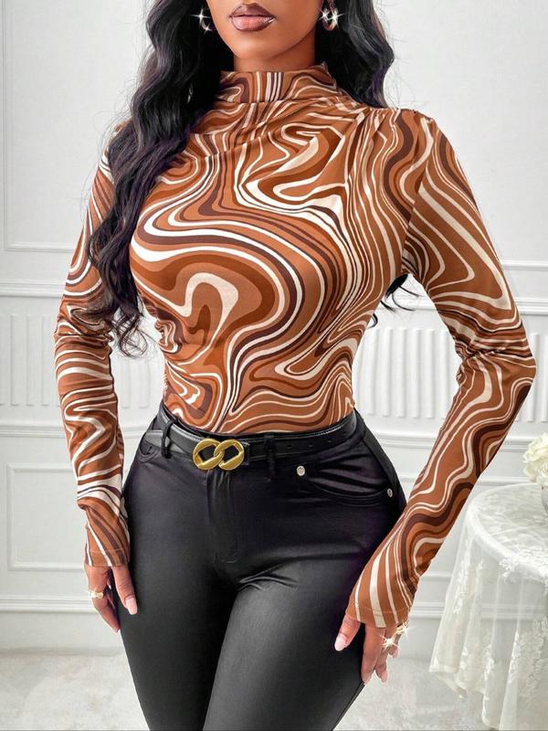 Women's Marble Print Mock Neck Tee, Elegant Casual Long Sleeve T-shirt for Daily Wear, Ladies Clothes for All Seasons 0