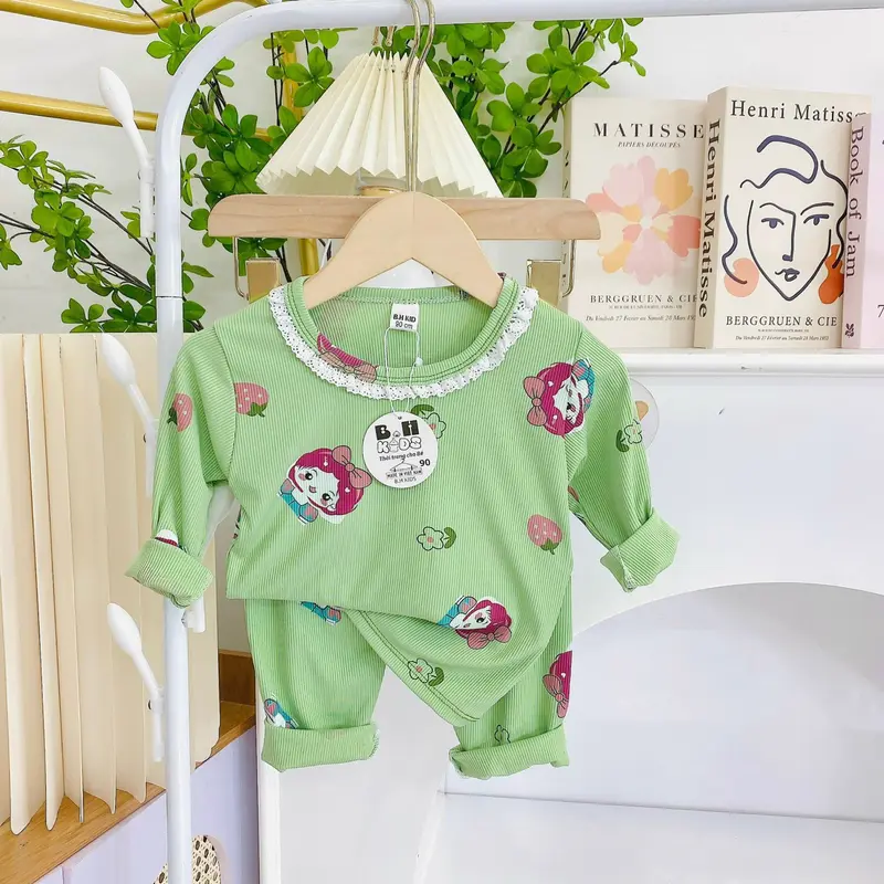 COMBO 2 BỘ quần áo thun tăm dài tay, họa tiết in kín cho bé gái size 6-16kg 5