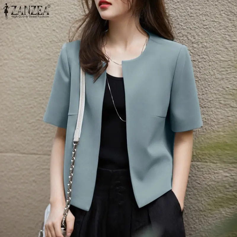 Áo Blazer Nữ, ZANZEA, Phong Cách Hàn Quốc, Trang Phục Mùa Hè, Công Sở, Thanh Lịch, ngắn Tay, Cổ Thuyền Áo Khoác OL Trơn