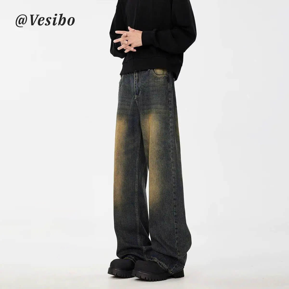 Quần Jean Nam ống rộng màu xanh bụi vintage chất jean cotton dày dặn