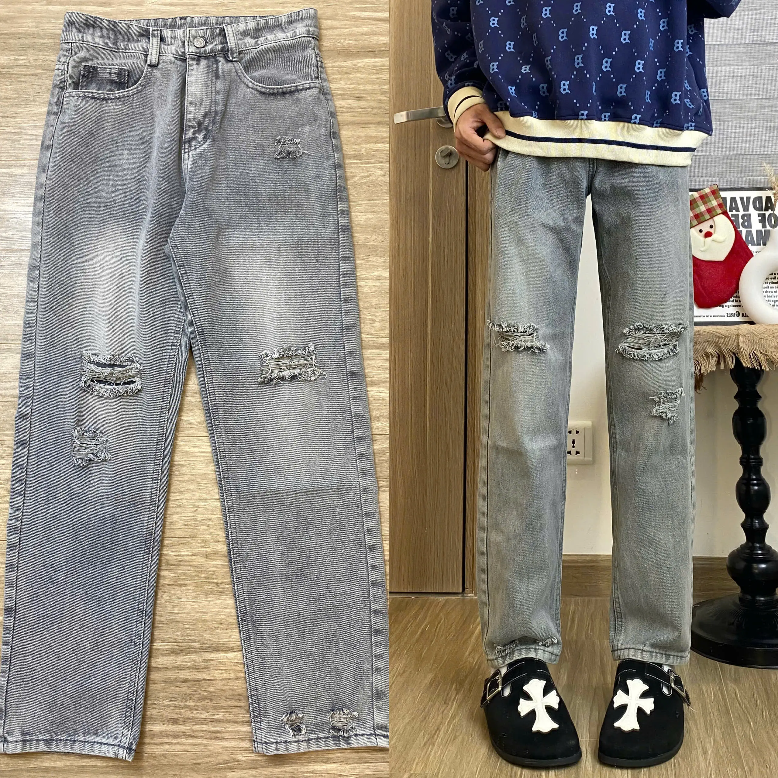 quần jean ống suông rách gối