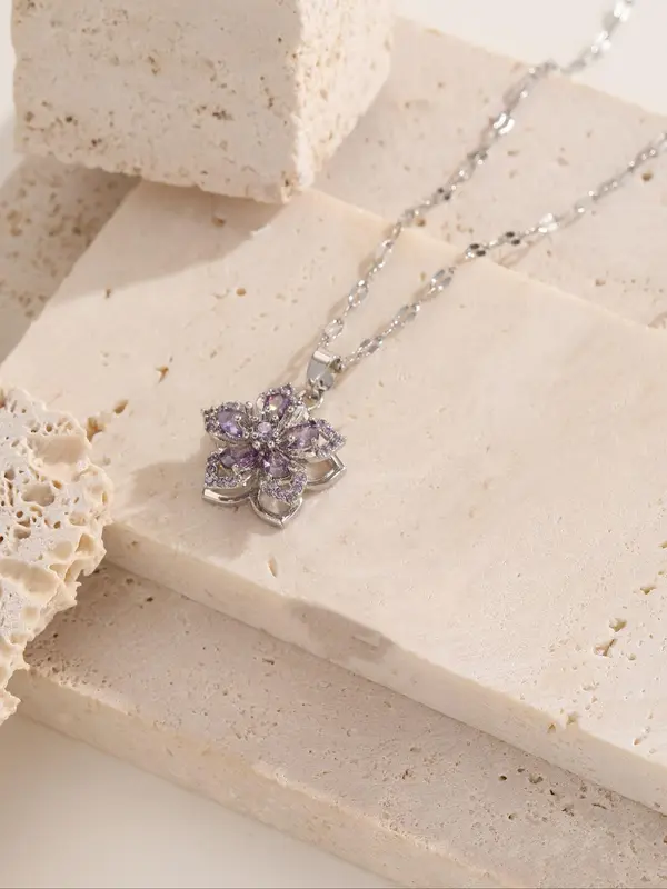 Elegant Rhinestone Decorated Rotating Flower Design Pendant Necklace,  Gorgeous Casual Matching Necklace Jewelry, Classic Fashion Accessories for Daily Wear 6