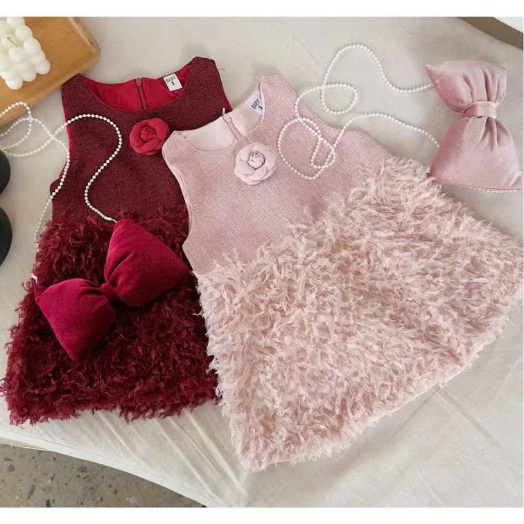 Set váy dạ lông sát nách HOA TRÀ sang chảnh ( có kèm túi nơ ) bé gái