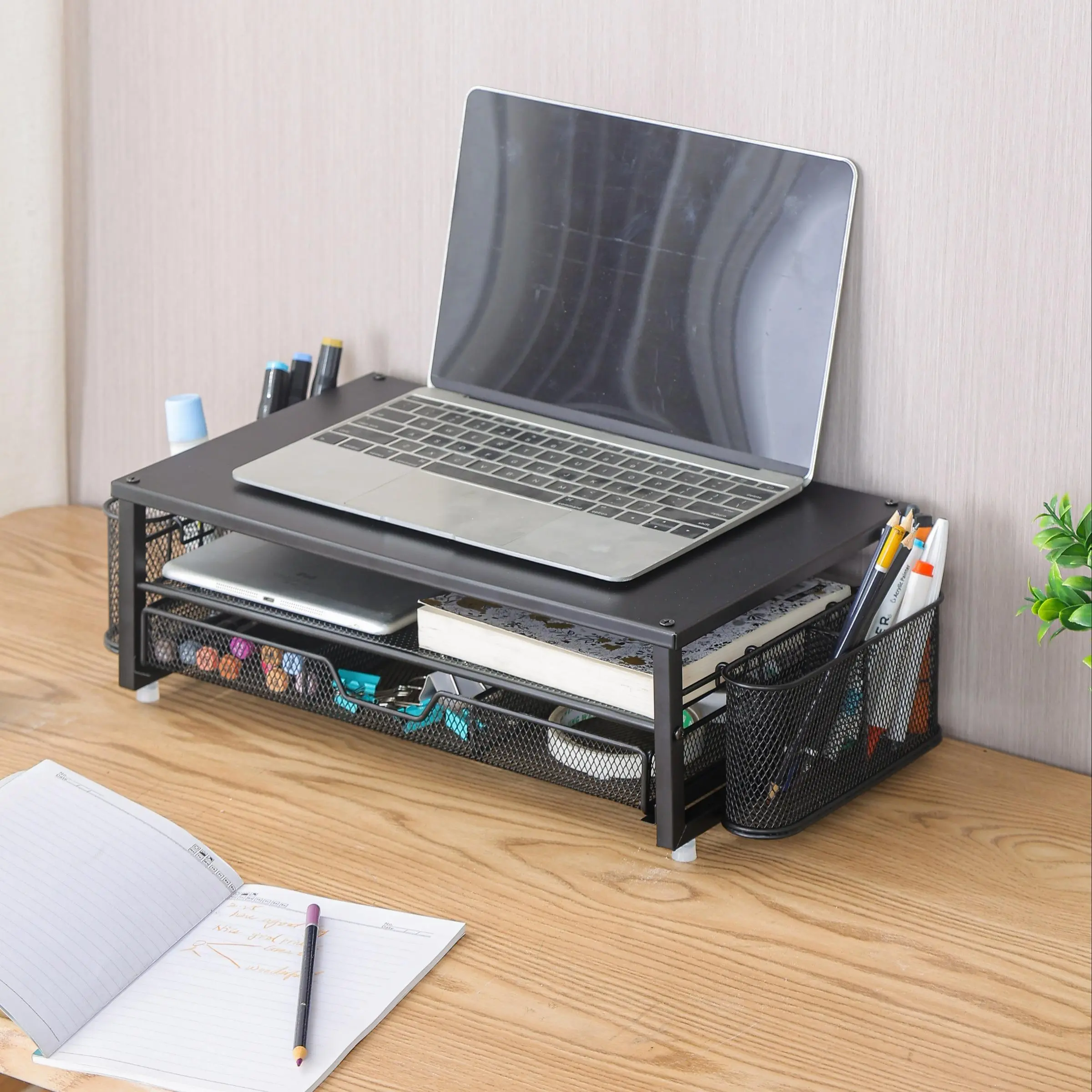 Desk Organizer, 1 Count 3-layer Computer Monitor Stand for Desk Organizer with Drawer & 2 Pen Holders, Office Desk Accessories, Workspace Desktop Organizer
