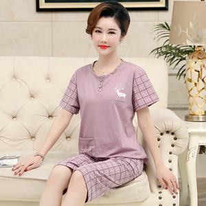 Cotton Nightwear Moms Home Wear Short Sleeve Top And Seven Pants Set Loungewear Women'S Purple Checked Pajamas with pocket