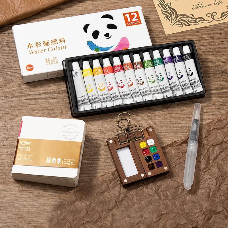 Bộ Sơn Màu Nước Mini, 12 Màu, Bảng Màu 8 Ngăn, Sổ Phác Thảo, Bút Cọ, Kẹp, Cầm…