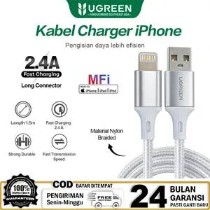 UGREEN Kabel Data Fast Charging iPhone 14 13 12 11 XR XS X 8 7 6 Plus Charger USB to Lightning MFi 2.4A Garansi 24 Bulan Durable Cable
