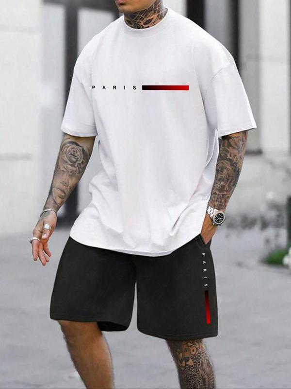 Men's Plus Size Letter Print Short Sleeve Tee & Pocket Shorts Set, Regular Fit Round Neck T-Shirt & Track Shorts, Casual Fashion Cozy Breathable Men Two-Piece Outfits For Summer 3