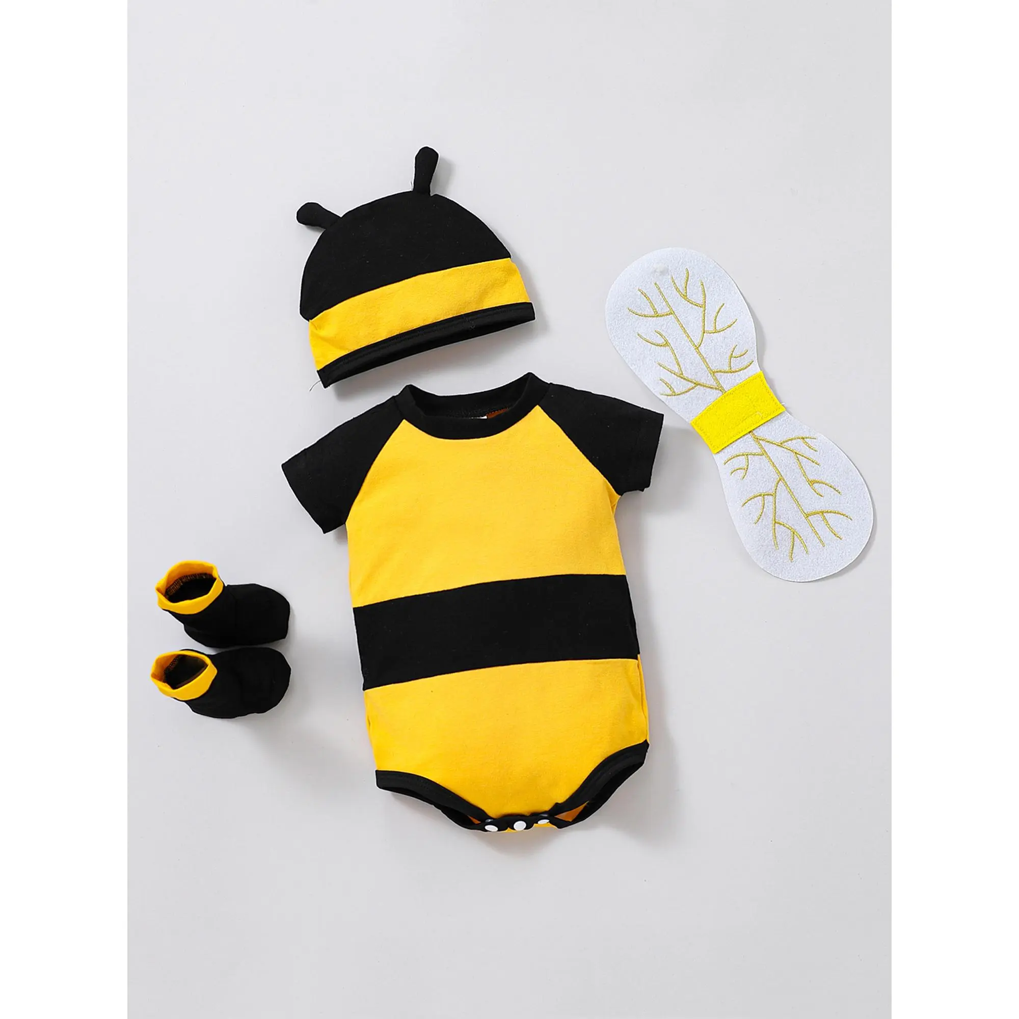 Newborn Baby Bee Costume, Short Sleeve Honeybee Romper + Hat + Wings + Socks Set