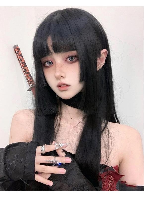 Product Introduction of Princess Cut Wig Headgear Female Long Hair Japanese Style Ji Hair Black Long Straight Hair Lolita Two Sliced Jellyfish Head 0