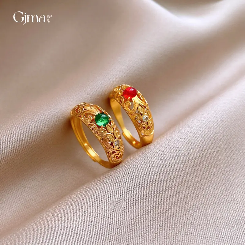 18K Real Gold Plated Zircon Pattern Hollow Open Ring Palace Style Index Finger Ring Light Luxury High-end Sense Hand Jewelry for Women
