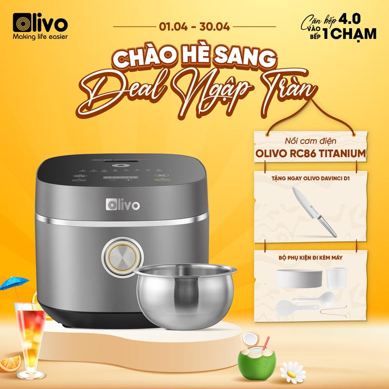 Nồi Cơm Điện OLIVO RC86 – Lòng Nồi INOX 304 Chống Dính Tự Nhiên - Nấu Cơm Gạo Lứt, Cơm Tách Đường, Cơm Thường - Vào Bếp 1 Chạm