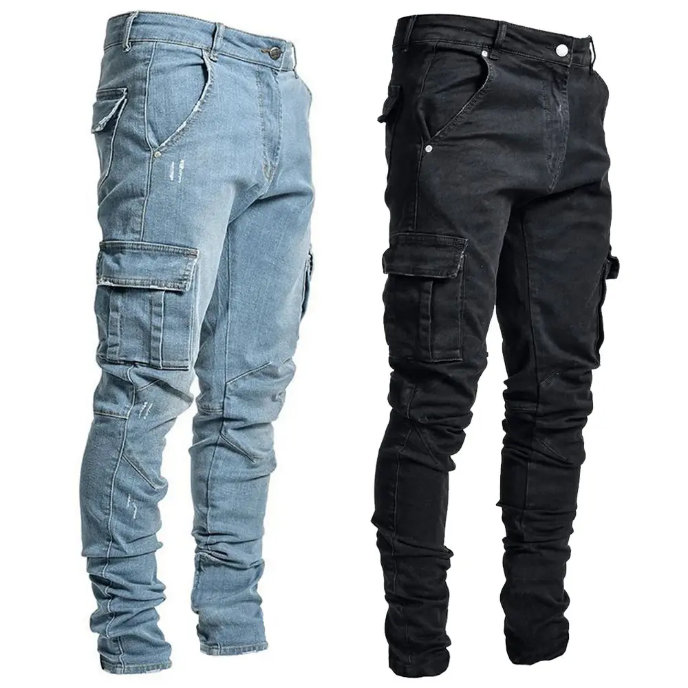Street Elastic Jeans Men Denim Cargo Pants Wash Solid Color Multi Pockets Casual Mid Waist Trousers Slim Fit Daily Wear Joggers