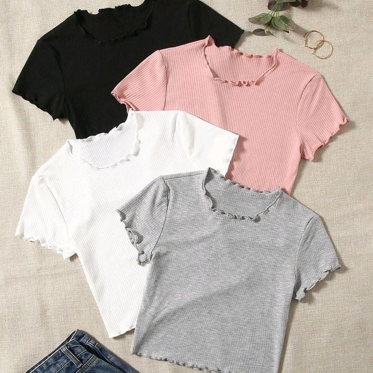Atasan Crop Top // Lengan Pendek // material rib knit // Melar Wanita Polos Baju Kaos 5
