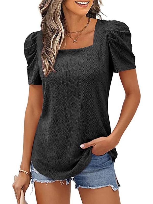 Women's Plain Eyelet Embroidery Puff Sleeve Tee, Fashion Casual Short Sleeve Square Neck T-shirt for Summer, Women's Top for Daily Wear, Womenswear 4