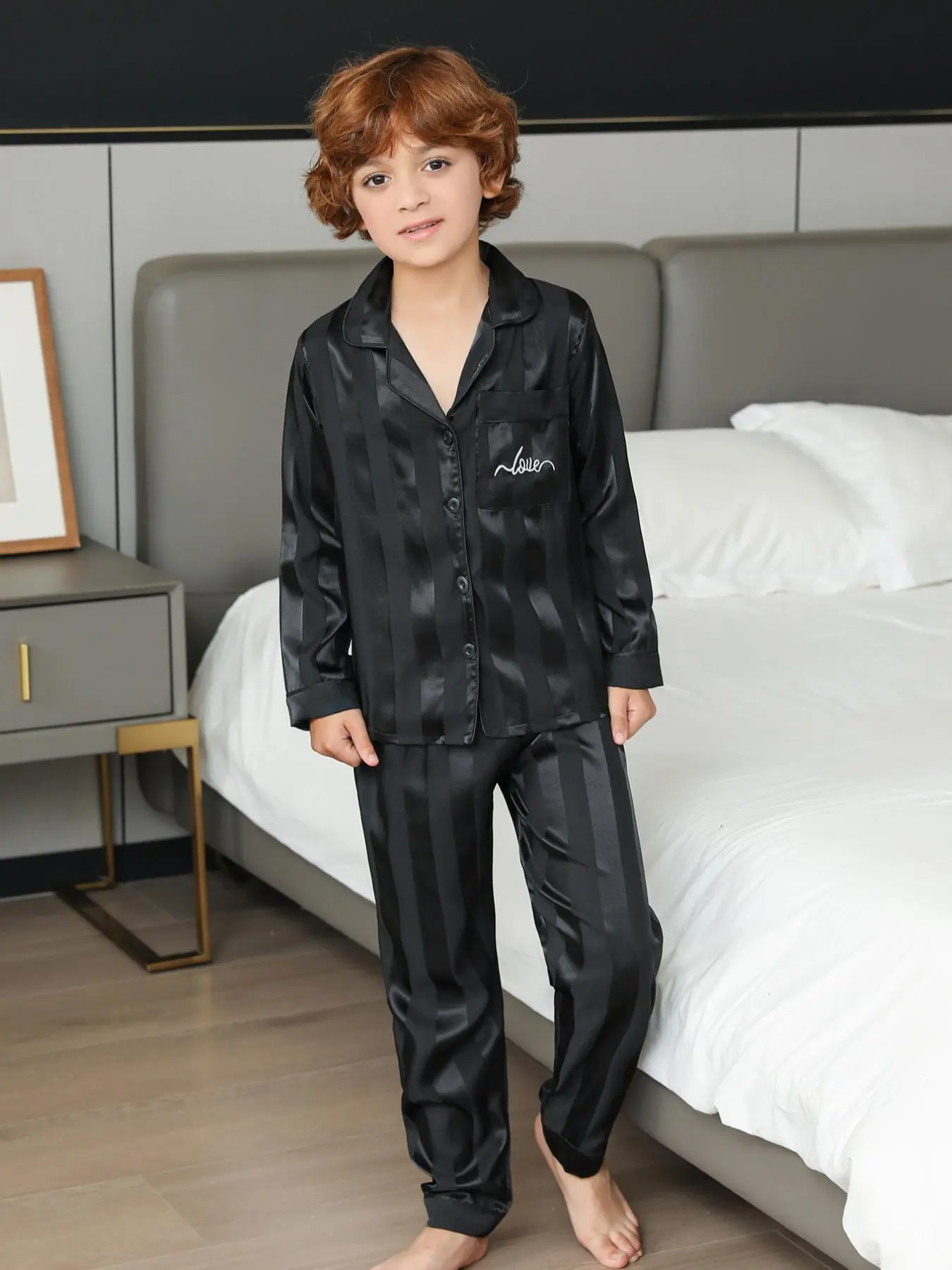 Boy's Letter Print Silk Pyjama Set, Lapel Neck Shirt & Pants PJs Set, Boys Sleepwear & Loungewear, Lounge Co-ord Set, Cozy Two Piece Set for Boys Kids Children