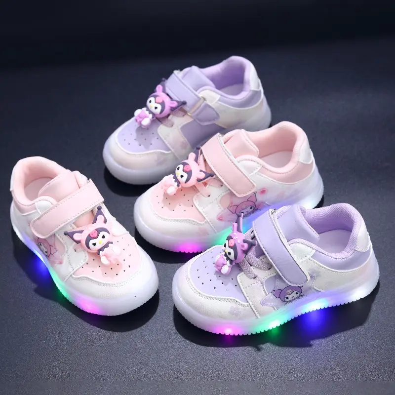 New Kids Girl Shoes Kuromi Princess Sports Shoes Leather LED Light Sneakers Casual Shoes