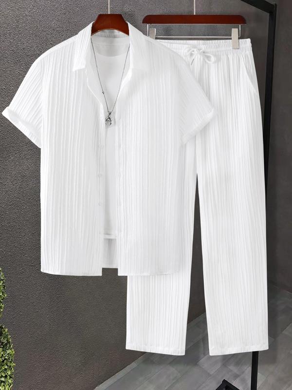 Men's 2pcs Button Front Shirt & Drawstring Pocket Pants Set without Tee & Necklace, Casual Short Sleeve Collar Shirt & Elastic Waist Trousers, National Day Clothing, Men's Two-piece Outfits for Summer 3