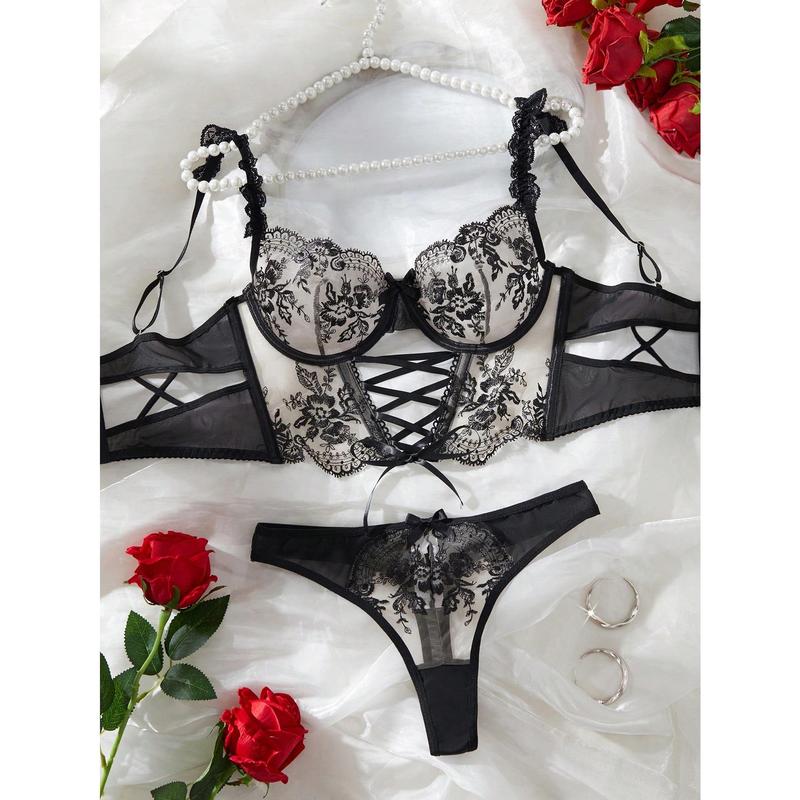 2pcs/Set Women Mesh Contrast Minimalist Sexy See-Through Embroidery Outfit 0