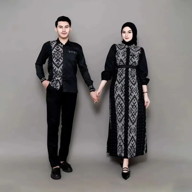 EVA BOUTIQUE - SELVIA Set Couple Sarimbit Baju Tenun black Kondangan Keluarga batik pasangan Gamis Setelan Seragam Wanita Muslim tali pinggang xxl set pakaian couple remaja xl Dress Lebaran 2025 busui family Cotton Khaki Couples' Clothing Sets