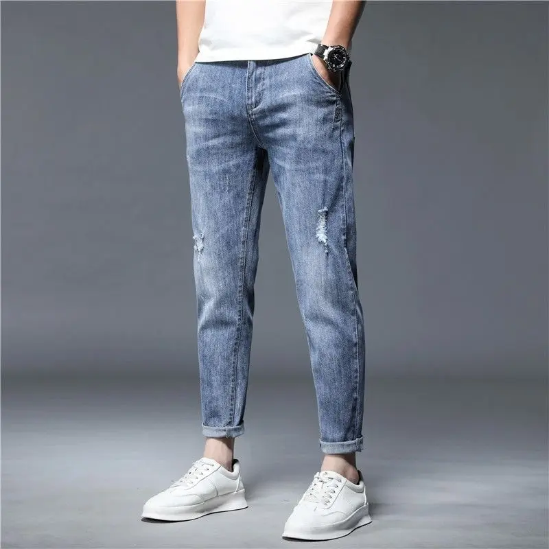 Quần Dài Jean Nam, Thương Hiệu Hợp Xu Hướng Phong Cách Hàn Quốc, Thích Hợp Cho Mùa Hè, Mỏng Và Hợp Xu hướng, Ống Đứng Và Co Giãn, Dáng Ôm, Quần Jean Mỏng, Thường Ngày, Quần Dài Nam 0