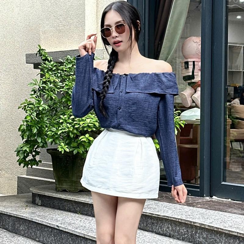 ÁO trễ vai phối bèo nữ dài tay, áo sơmi kiểu nữ dài tay trễ vai siêu nữ tính. SM15 ZALYNN Top bán chạy Women