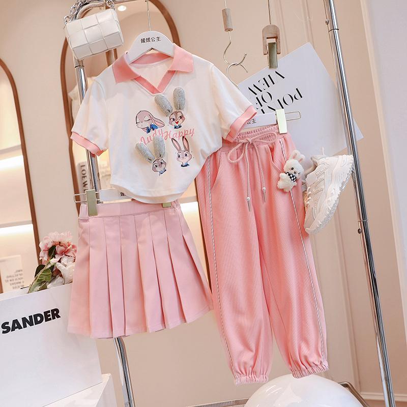 Bộ đồ mùa hè cho bé gái 15-55kg mùa hè 2023 phong cách nước ngoài mới cho bé gái váy xếp li ngắn tay quần âu bộ hai món 0