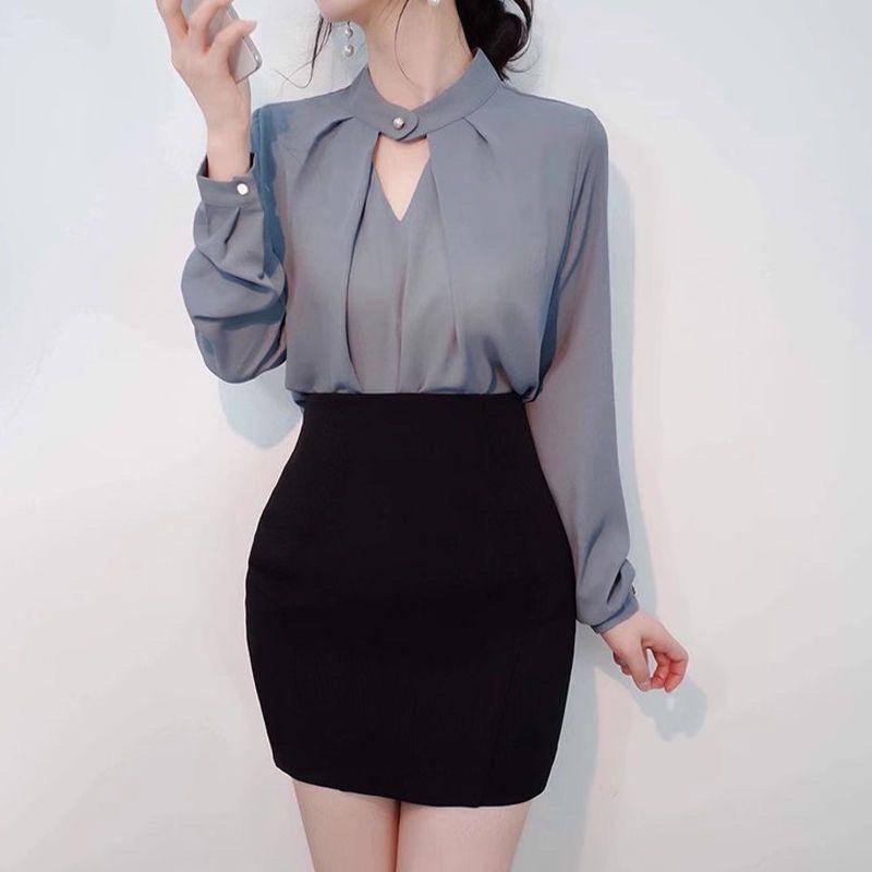 Áo Sơ Mi Dài Tay Màu Trơn Cho Nữ, Áo Sơ Mi Đế Gợi Cảm Mới, Áo Sơ Mi Nhỏ, Áo Trượt Trên Đầu, Khăn Quàng Cổ Thanh Lịch 2
