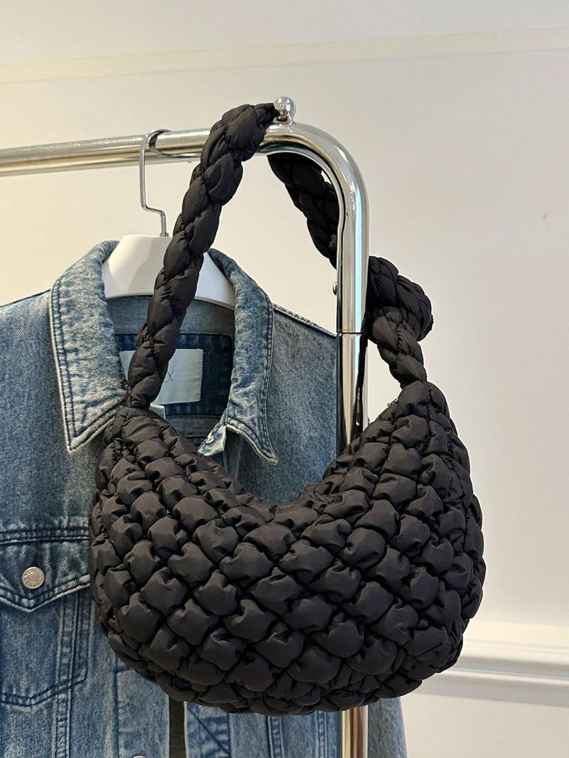 Product Introduction of Women's Solid Color Quilted Puffer Hobo Bag, Fashionable Large Capacity Shoulder Bag for Daily Used, Casual Trendy Versatile High-quality Daily Commuting Bag 0