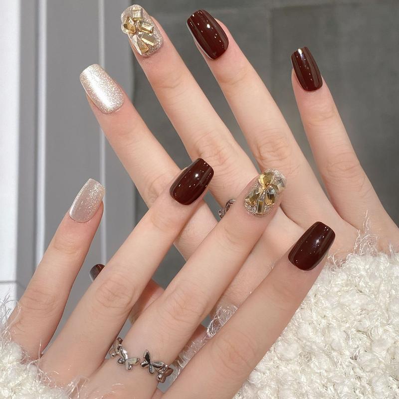 Internet hot advanced White nail sticker wine red diamond cat eye wear detachable nail 2