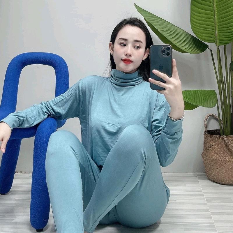 95.1026. set bộ ủ kem cổ lọ chất thun dẻo. quần dài ống ôm áo tay dài cổ lọ Nhung Top Đen Women Nữ boukem Voi