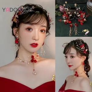 YADORNOS Set anting hiasan kepala pengantin bunga merah perhiasan modis antialergi tahan pudar
