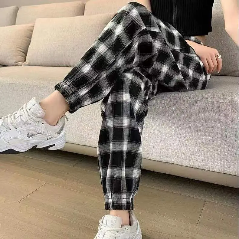 Quần Harem Kẻ Ca Rô Cạp Cao, Hợp Xu hướng Cho Người Nổi Tiếng Trên Internet, Dành Cho Nữ, Trang Phục Thường Ngày Mùa Xuân, Mùa Hè Và Mùa Thu, Dáng Rộng Rãi Và Mỏng Vừa Vặn, Dễ Phối Đồ, Quần Nỉ bó ống, Quần Bloomers