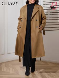CURVZY Plus Size Solid Double Button Belted Trench Coat, Casual Long Sleeve Lapel Neckline Coat for Daily Outdoor Wear, Women's Clothing for All Seasons